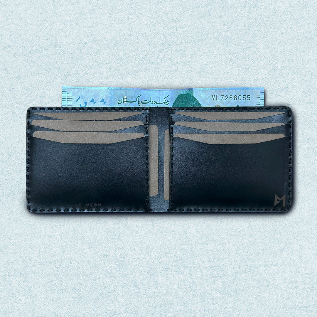 Dark Croco leather wallet (open interior) – black men’s bifold wallet with croc texture, 8 card slots, cash pocket. hand-made, hand-stitched