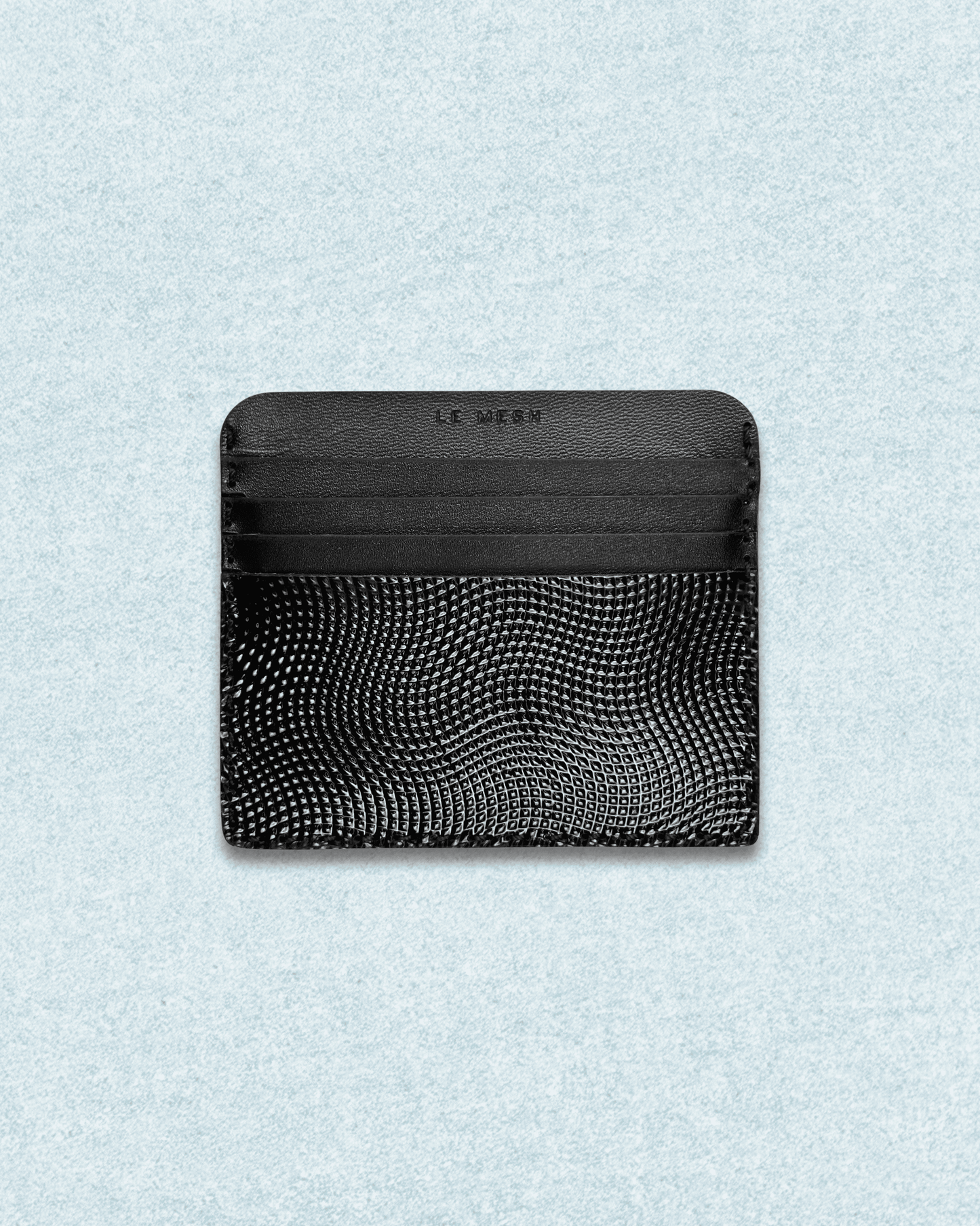 Front side of Black Dotted pattern embossed Card Holder with 8 card slots and 1 cash pocket. made with original Cow Leather, Hand stitched and Hand Crafted