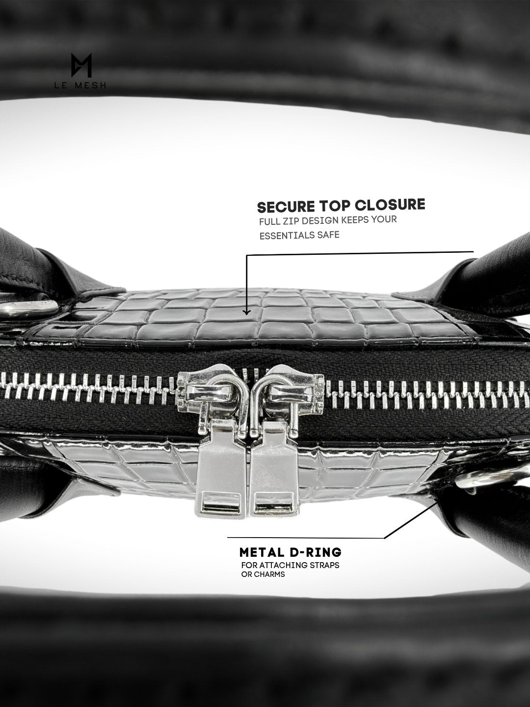 Close-up of a black handbag with text highlighting features like secure top closure and metal D-ring.