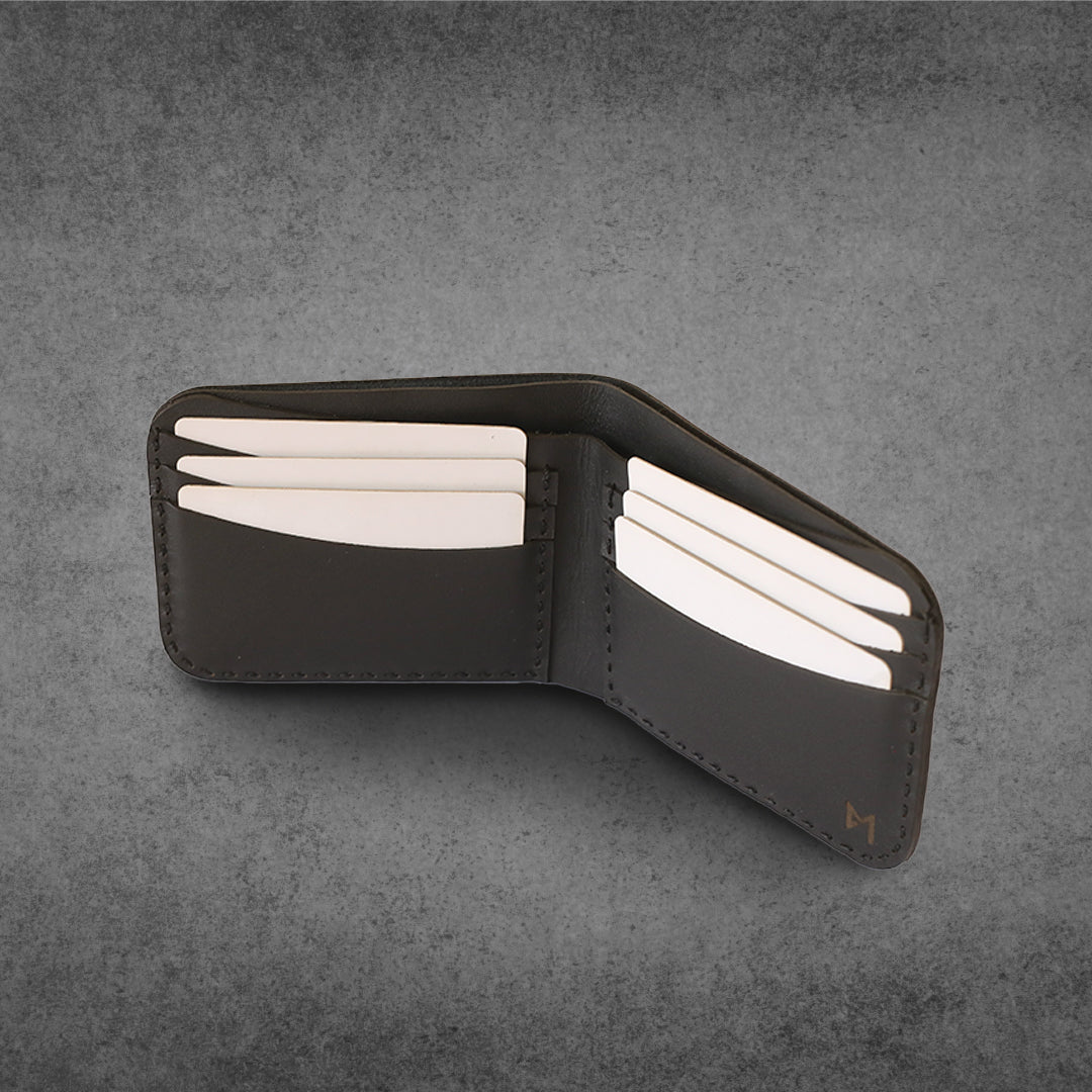 Black Perforated Cow Leather brogue style bi-fold wallet, fashion, luxury, hand stitched, hand craft, 6 card slots, 2 Cash pockets