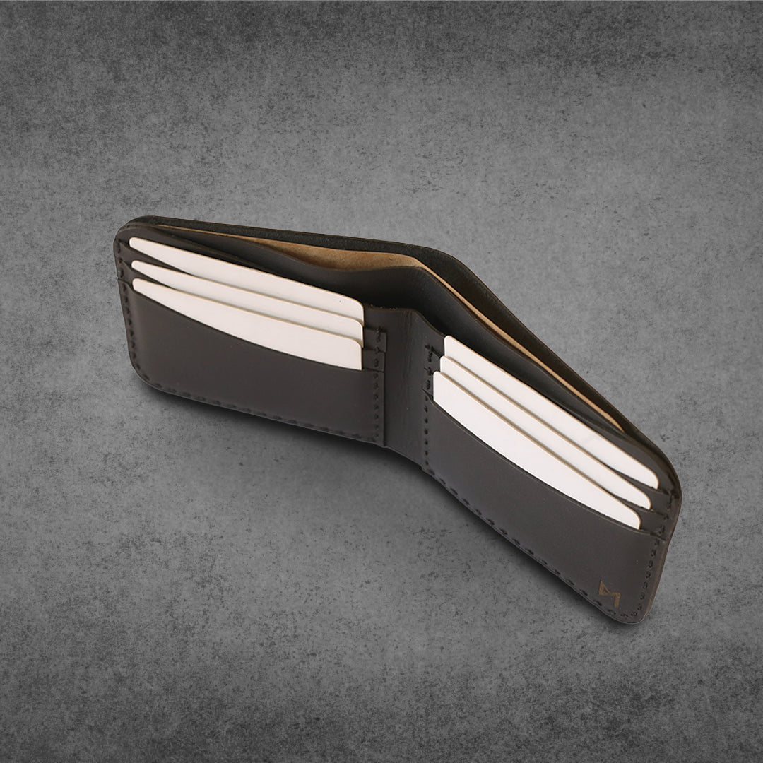 Black Perforated Cow Leather brogue style bi-fold wallet, fashion, luxury, hand stitched, hand craft, 6 card slots, 2 Cash pockets