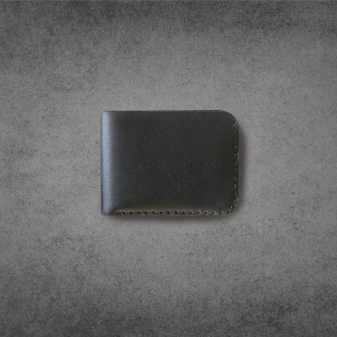 Black Perforated Cow Leather brogue style bi-fold wallet fashion luxury hand stitched hand craft.