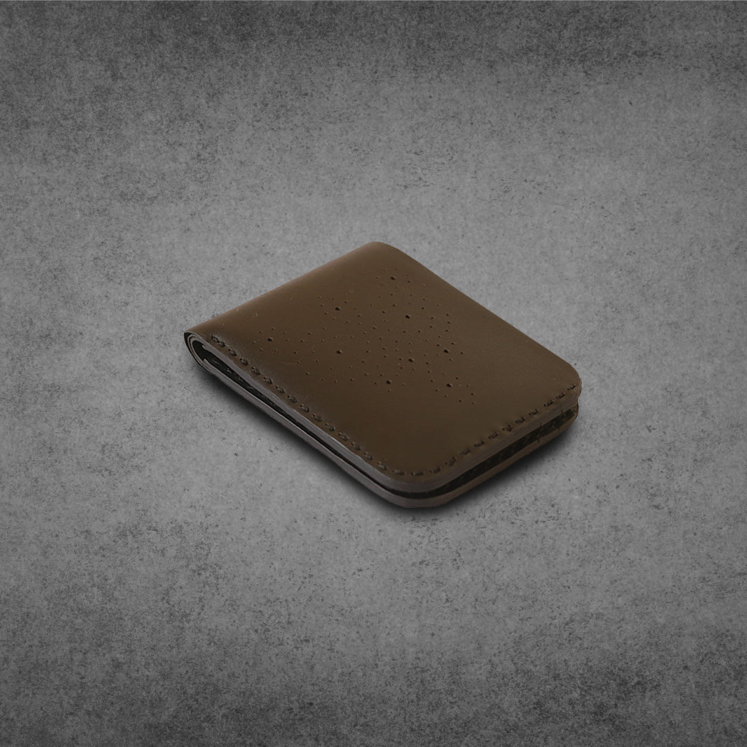 Black Perforated Cow Leather brogue style bi-fold wallet, fashion, luxury, hand stitched, hand craft, 6 card slots, 2 Cash pockets