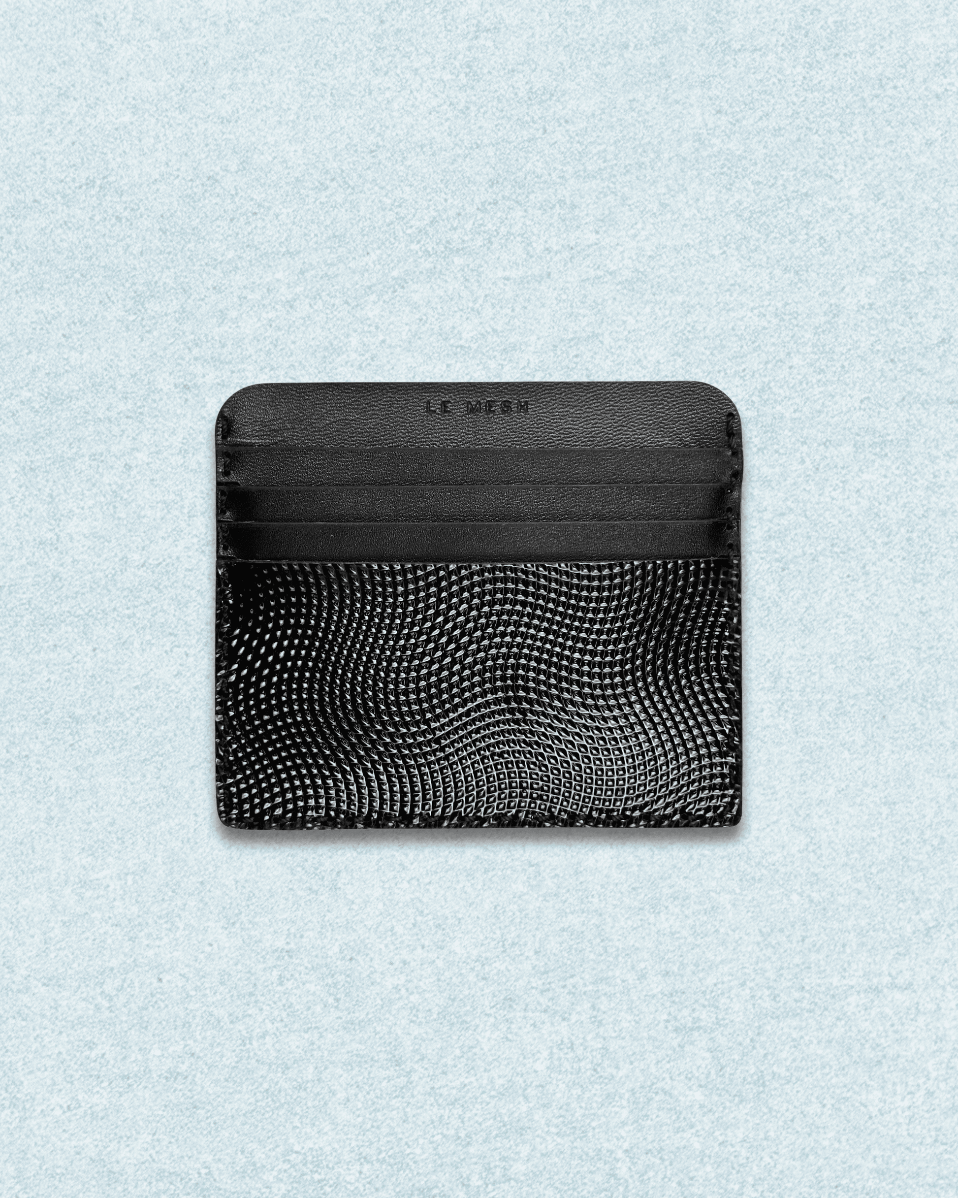 Front side of Black Dotted pattern embossed Card Holder with 8 card slots and 1 cash pocket. made with original Cow Leather, Hand stitched and Hand Crafted