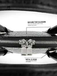 Close-up of a black handbag with text highlighting features like secure top closure and metal D-ring.
