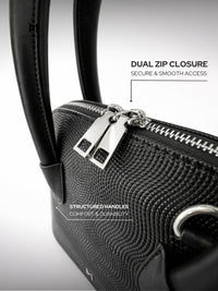 Black handbag with dual zipper closure and structured handles on a gray background
