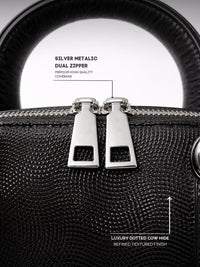 Black textured handbag with silver dual zipper, highlighting material and design features.