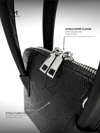 Black textured handbag with double zipper closure on a gray background