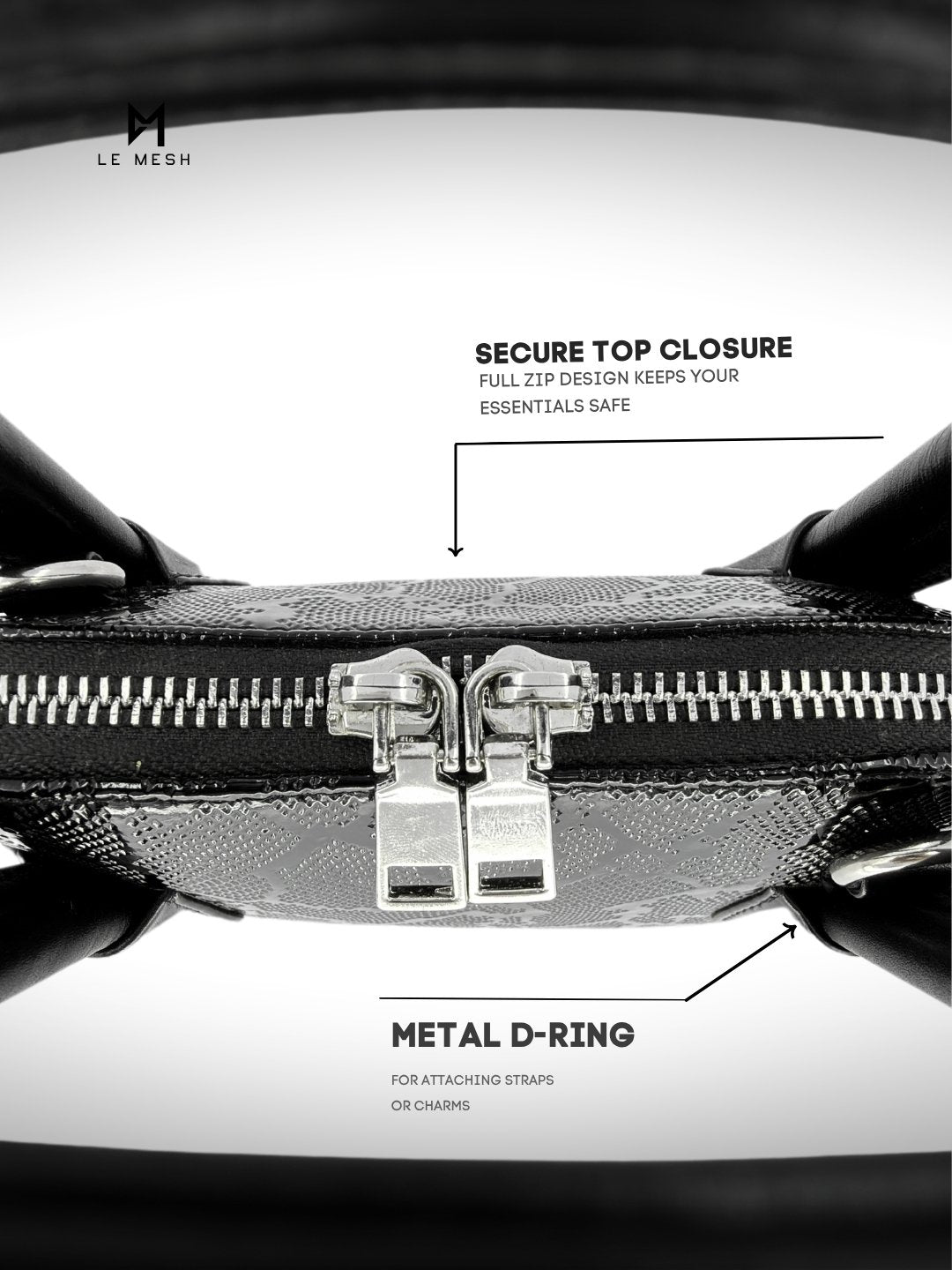 Close-up of a bag with a metal zipper and D-ring, labeled features on a white background.