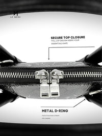 Close-up of a bag with a metal zipper and D-ring, labeled features on a white background.