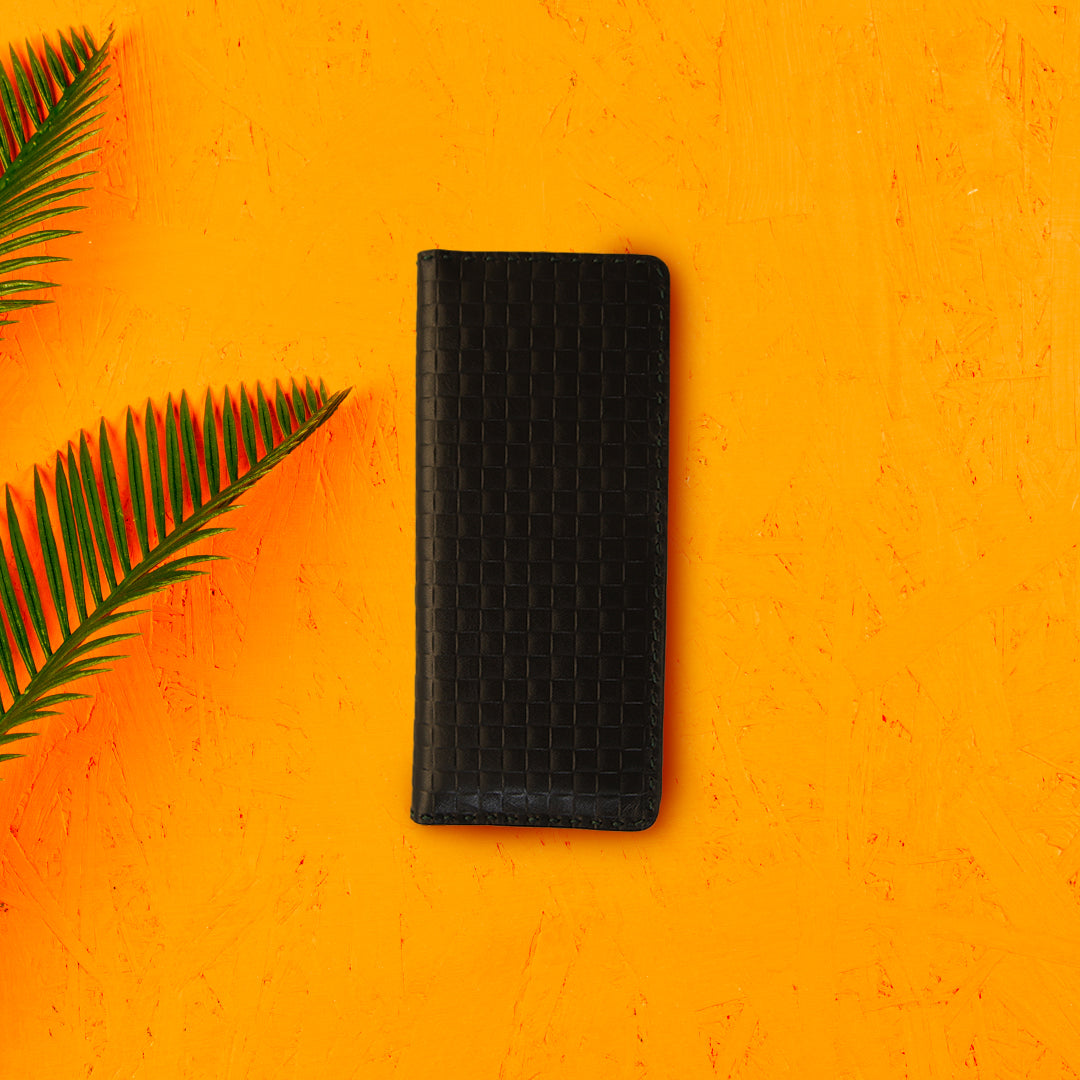 Black Weaved Leather Long Wallet